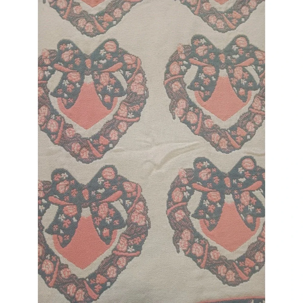 Vtg Granny Knit Cottage Chic Heart Wreath Blanket Reverse 65 x 44